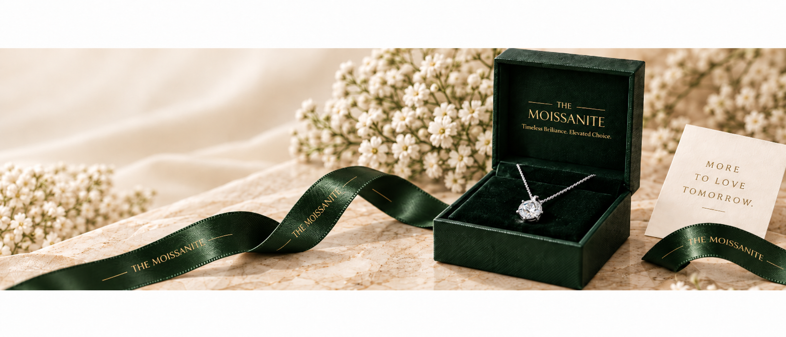 The Moissanite green jewelry box with solitaire necklace, cream flowers, and branded green ribbon