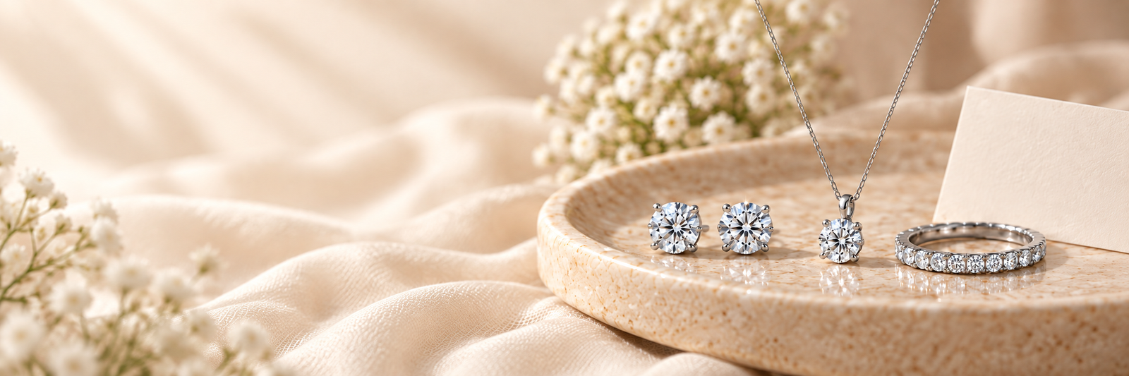 Moissanite earrings necklace and ring on a warm cream jewelry styling scene