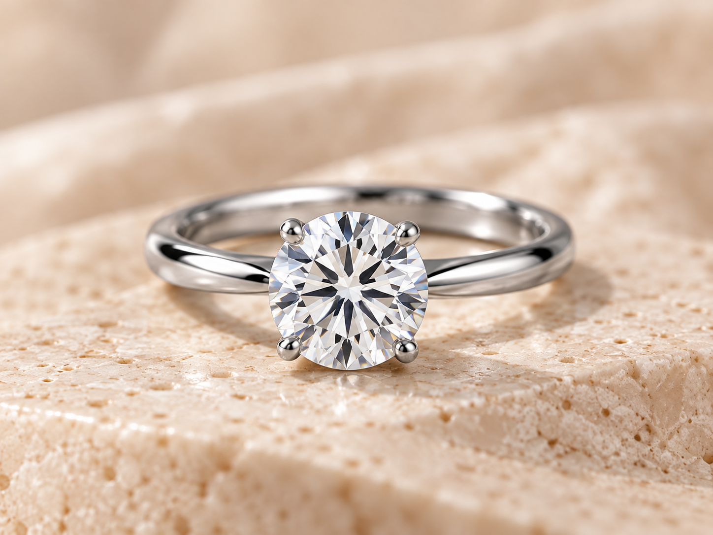 Round moissanite solitaire ring in silver tone on warm stone