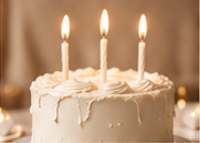 Cream birthday cake with three lit candles