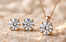 Coordinated solitaire stud earrings and pendant arranged on warm stone