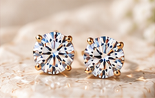 Round solitaire stud earrings on warm ivory stone